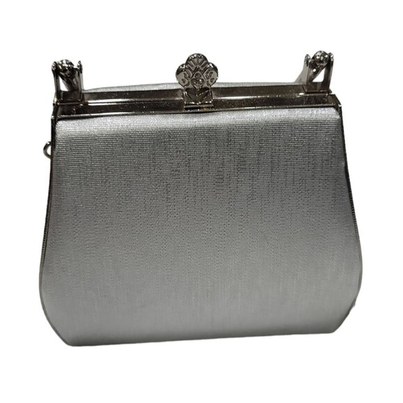Vintage EUC rhinestone silver metallic metal & canvas evening clutch